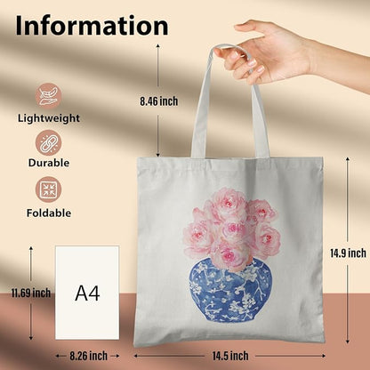 Blue and White Chinoiserie Prints Canvas Tote Bag for Women, Reusable Folding Shopping Bags with Handles