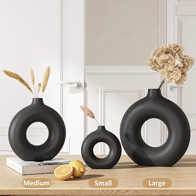 7.6 Inch Black Donut Vase for Pampas Grass, Modern Hollow Ceramic Vase for Table, Mantle, Minimalist Nordic Industrial Style Decorative Vase for Home Decor, Living Room, Farmhouse, Office