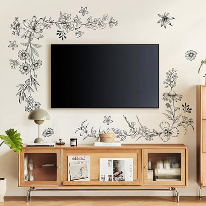 Tanlaby Sketch Black Flower Wall Decals, Garden Floral Wall Stickers Retro Wildflower Decal Peel and Stick Walll Art Decor for Bedroom Office Sofa TV Backdrop