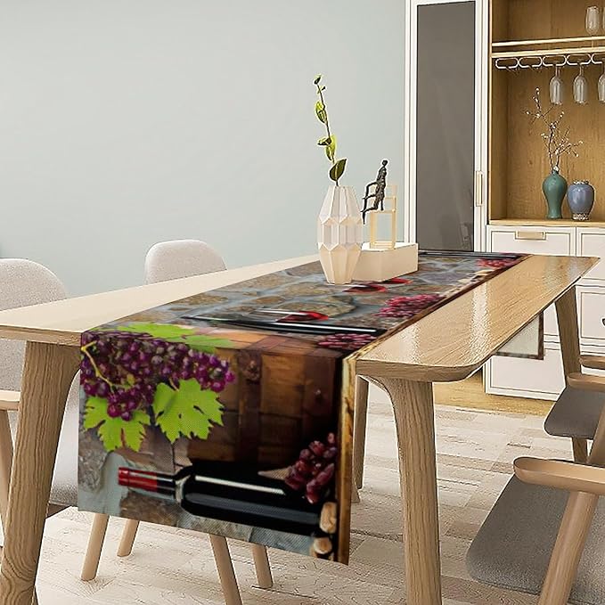 Red Wine Table Runner Wine Grape Alcohol Fruit Vintage Barrel Dinner Runner for Farmhouse Cabin Home Kitchen Dining Holiday Wedding Party Dining Decor 13x90in