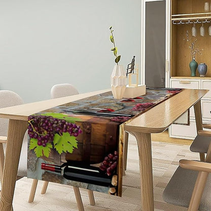 Red Wine Table Runner Wine Grape Alcohol Fruit Vintage Barrel Dinner Runner for Farmhouse Cabin Home Kitchen Dining Holiday Wedding Party Dining Decor 13x90in