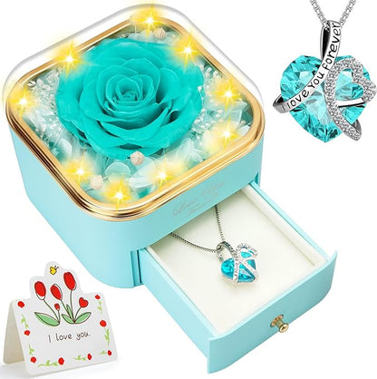 Preserved Light Blue Real Rose with Heart Necklace -Eternal Flowers Rose Birthday Gifts for Women Wife Mom Girlfriend Grandma Gifts Idea on Christmas Valentines Mothers Day for Her
