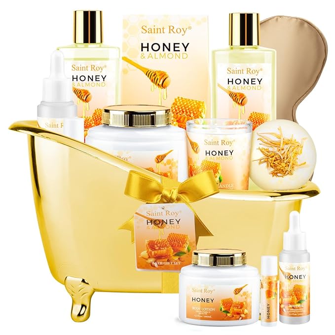 Christmas Gifts for Women Bath & Body Gift Set, Luxury Home Spa Bath Gift Basket, Honey Almond Scented Bath Set, Pamper Gifts Birthday gifts & Teens, Spa Kit Gift, Home Spa Gifts for Men Dad