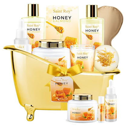 Christmas Gifts for Women Bath & Body Gift Set, Luxury Home Spa Bath Gift Basket, Honey Almond Scented Bath Set, Pamper Gifts Birthday gifts & Teens, Spa Kit Gift, Home Spa Gifts for Men Dad