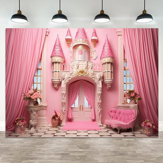 15x10ft Pink Castle Backdrop Room Door Curtain Photography Background Flowers Vases Sofa Princess Girl Birthday Banner Decorations Newborn Baby Shower Wedding Party Portrait Photo Booth Prop