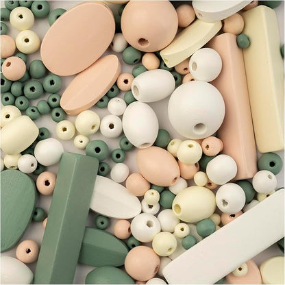 John Bead 90g Craft Beads White/Cream/Light Peach/Green Wood Beads with Elastic Nylon Cord