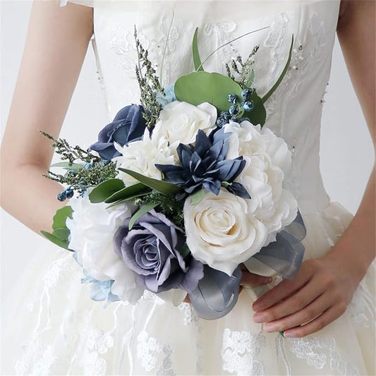 Wedding Bouquet Artificial Navy Blue Roses Flower Bride Bridal Bouquets Handmade Silk Flower Wedding Bride Bouquets for Church Party Home Decoration (Navy Blue)