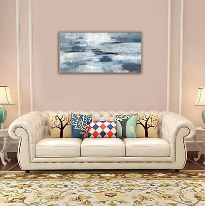 Indigo Framed Wall Art Abstract Ocean Canvas Pictures Blue White Grey Painting Vintage Wall Decor Modern Artwork Prints for Living Room Bedroom Bathroom Office Home Decoration 20"x 40"