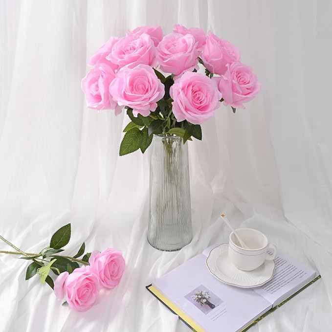 Waipfaru 16 Pcs Valentines Day Flowers, Fake Roses Artificial Flowers with Long Stems, Silk Pink Roses Bouquet for Wedding Vase Mothers Day Flower Arrangement Home Decor (Pink)