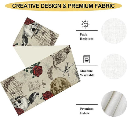 Gothic Floral Table Runner, Retro Dark Skull Crow Vintage Flower Halloween Pumpkin Witchy Coffee Table Center Decor for Home Kitchen Dining Patio Holiday Party Table Decorations 13x90 inches