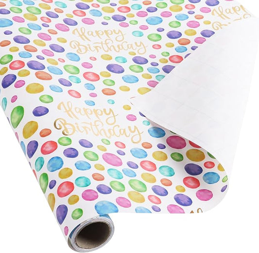 KIMOBER Birthday Wrapping Paper Roll,Colourful Paper with polka dot Gold Happy Birthday and Cut Lines on Reverse(17in×33ft Roll)