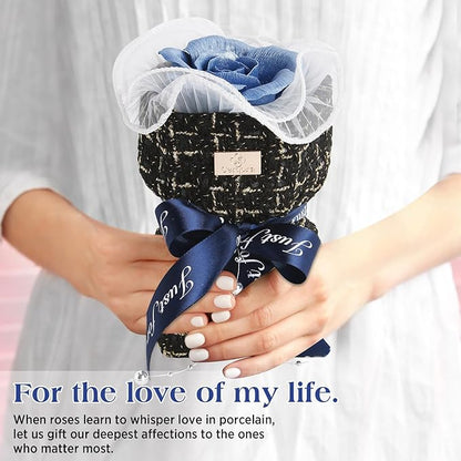 Ceramic Preserved Rose Bouquet, Blue Eternal Flower Handmade Ceramic Craft Art with Fragrance Expansion Function, Birthday/Anniversary/Valentine's Day Luxury Gift Box for Women, Mom, Wife,Her