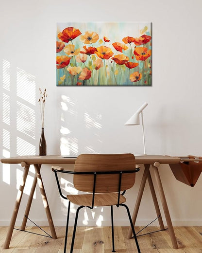 GLOKAKA Vibrant Poppies Wall Art Floral Red and Orange Watercolor Poppy Flower Painting Print Canvas Artwork For Living Room Bathroom Dinning Room Decor (Vibrant Poppies, 30"x20")