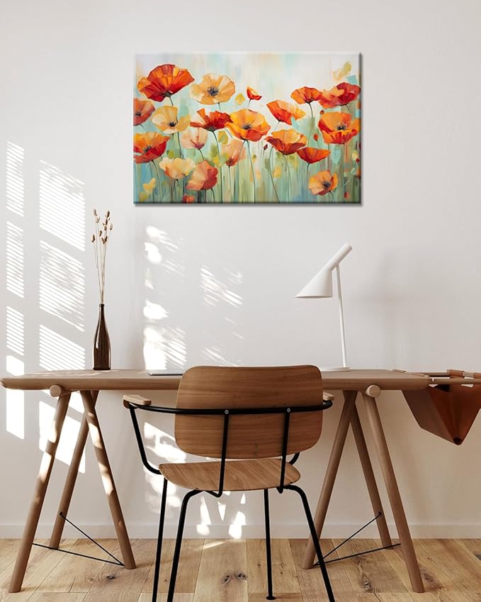 GLOKAKA Vibrant Poppies Wall Art Floral Red and Orange Watercolor Poppy Flower Painting Print Canvas Artwork For Living Room Bathroom Dinning Room Decor (Vibrant Poppies, 18"x12")