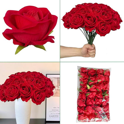 FagusHome 30 Pcs Silk Rose Artificial Flowers Roses Bulk Bouquet Fake Flowers Rose Heads with Stems for Home Wedding Decor (Red)