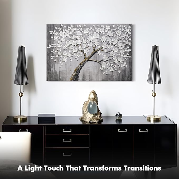 JUHOME Hand-Painted Black and White Thick Texture Flowers Abstract Oil Painting Wall Art,Floral Plum Blossom Tree with Raised Details,Modern Neutral Wall Decor for Home Bedroom,24x36
