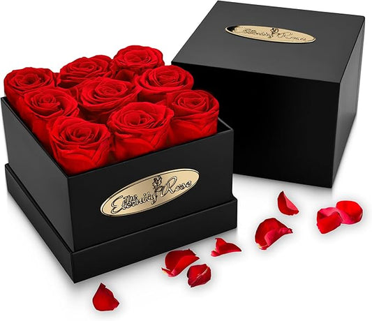 The Eternity Rose 9-Piece Preserved Roses in a Luxury Gift Box – Real Roses in Square Black Box – A Valentine’s Gift as Everlasting as Your Love