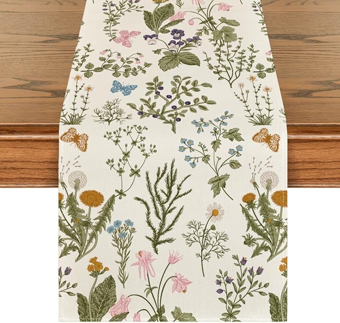 Artoid Mode Wildflowers Floral Spring Table Runner, Butterfly Seasonal Summer Kitchen Dining Table Decoration for Home Party Decor 13x108 Inch