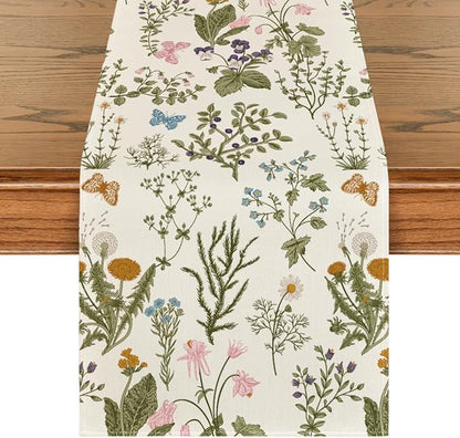 Artoid Mode Wildflowers Floral Spring Table Runner, Butterfly Seasonal Summer Kitchen Dining Table Decoration for Home Party Decor 13x120 Inch