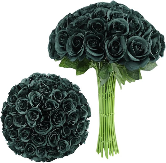 Artificial Rose Flower Artificial Flowers Flower with Long Stem Silk Roses Bouquet for Wedding Bridal Shower Party Home Decoration (Peacock Green, 30 Pcs)