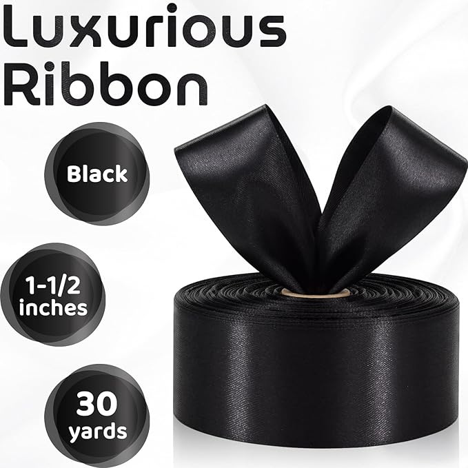 Black Ribbon 1-1/2 Inch 30 Yards Single Face Black Satin Ribbon for Gift Wrapping, Fabric Ribbon for Flower Bouquet Crafts Hair Bows Making Halloween Wedding Christmas