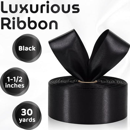 Black Ribbon 1-1/2 Inch 30 Yards Single Face Black Satin Ribbon for Gift Wrapping, Fabric Ribbon for Flower Bouquet Crafts Hair Bows Making Halloween Wedding Christmas