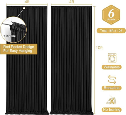 Wish Care Black Backdrop Curtain 6 Panels - Wrinkle-Free Polyester Photography Drapes for Wedding & Party - 24 X 10FT