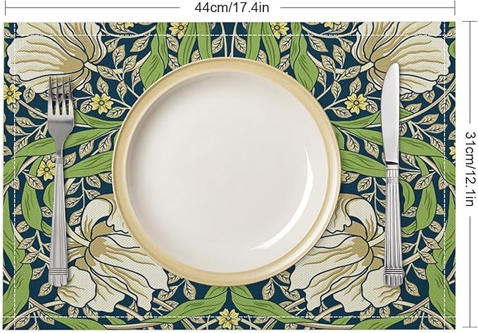 William Morris Flower Placemats Set of 4, Retro Boho Botanical Plant Place Mats, Heat Resistant Non Slip Cotton Linen Dining Table Mats for Home Kitchen Party 18x12 Inch