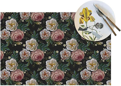 Placemats Set of 4 PVC Woven Place Mats Heat Resistant Easy to Clean for Indoor Outdoor Party Kitchen Dining Table Decoration 12"x18",Embroidered Rose Pattern