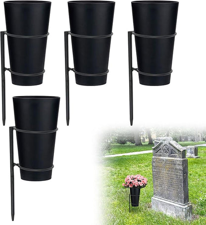 Metal Grave Vase Flower Holder with Spikes Metal Cemetery Vase Flower Holder in ground Decoration with Floral Foam Black for Memorial Markers, Graveside Decor Sign for Outdoor Yard Lawn
