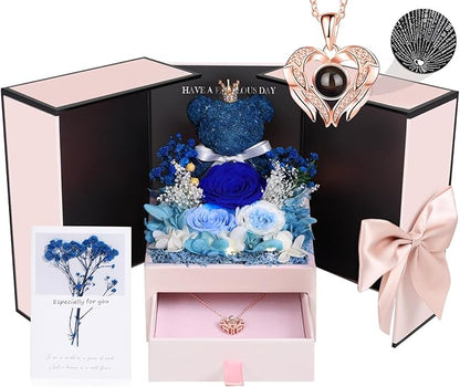 Gifts for Mom Grandma Christmas Birthday Preserved Flowers Roses with Heart Necklace Fresh Flowers for delivery Prime Eternal Forever Flower Box Xmas Gifts for Women Mother Her Wife from Daughter