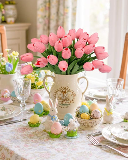 MACTING 30 PCS Artificial Tulip Flowers 13.7" Real Touch Fake PU Tulips Bouquet Faux Pink Flowers for Floral Arrangements Table Centerpieces Kitchen Home Indoor Outdoor Summer Decorations
