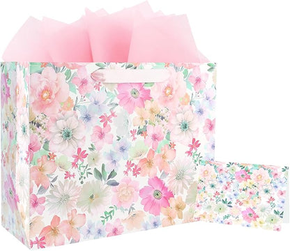ASYEH NR 13" Large Size Floral Gift Bag Floral Flower Pattern Vintage Gift Bag with Greeting Card Tissue Paper for Girls Women Birthday Mother's Day Valentine's Day Anniversary Wedding Spring Supplies