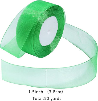 Green Ribbon for Gift Wrapping 1-1/2 inch Sheer Organza Ribbon for Flower Bouquet Tulle Chiffon Ribbons for Wedding Invitations Christmas Decorations Crafts 50 Yards