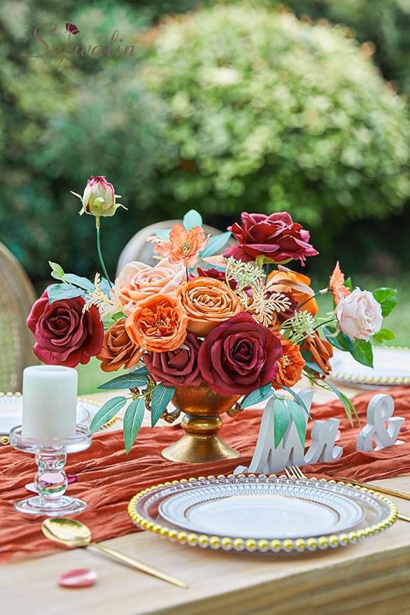 Serwalin Artificial Fall Flowers, Fake Silk Flowers Cake Flowers Roses Orange Flowers for DIY Wedding Decoration Arrangements Party Decorations Baby Shower Fall Home Decor