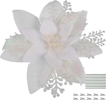 RECUTMS 10 Pcs Christmas Glitter Artificial Poinsettia Flowers 6inch Christmas Tree Decoration Christmas Wreath Holiday Seasonal Decorations (White, 6inch)