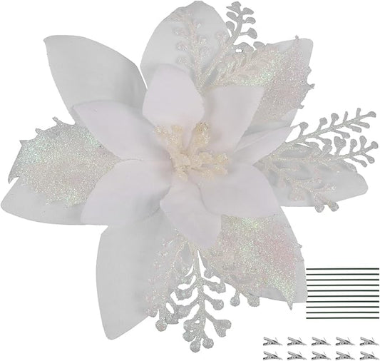 RECUTMS 10 Pcs Christmas Glitter Artificial Poinsettia Flowers 6inch Christmas Tree Decoration Christmas Wreath Holiday Seasonal Decorations (White, 6inch)