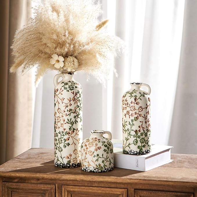 Ceramic Vase Set of 3, Vintage Green and Beige Vase, Chinoiserie Floral Vases, Rustic Farmhouse Ceramic Vases for Home Decor, Living Room, Kitchen Island, Bookshelf, Grand Millennial Decor
