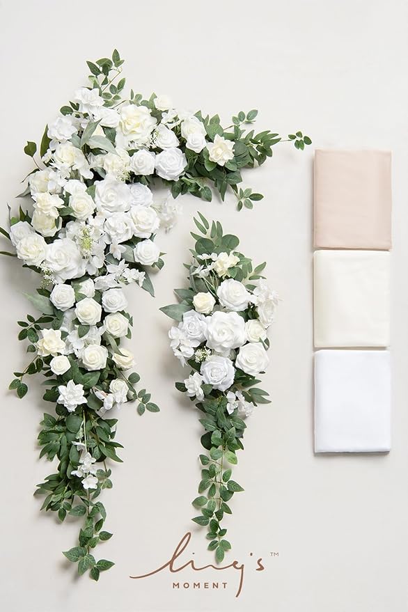 Ling's moment White Deluxe Artificial Wedding Arch Flowers with Drapes Kit-Pack of 5, 2pcs Flower Arrangements 3pcs Hanging Sheer Drapes Sage Ceremony Arbor Reception Backdrop Rose Floral Decorations