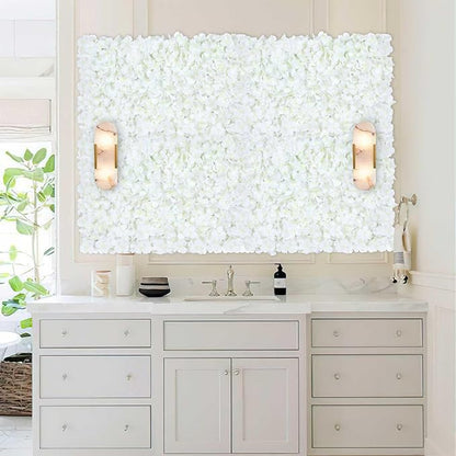 White Flower Wall Panels Backdrop with Green: Wedding Artificial Flower Wall Backdrop 3.75ft by 5ft Hydrangea Floral Wall for Anniversary Graduation Party Decoration (12 Pcs 15 x 15 Inch)