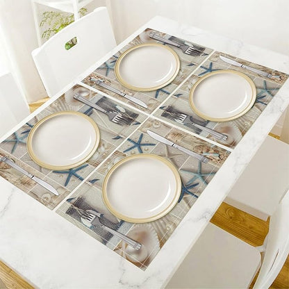 Nautical Themed Placemats Coastal Lighthouse Starfish Collage Plaid Art Printed Dining Table Mats Set of 4 for Restaurant Home Kitchen Holiday Picnic Party Decor 12x18in