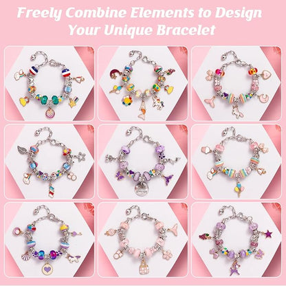 YJK Charm Bracelet Making Kit, 5-12 Year Old Girl Birthday Gifts, 133 Pcs DIY Beaded Jewelry Making Kit with Jewelry Box, Creative Crafts for Girls, Charm Necklace Making kit for Girls (Purple & Pink)