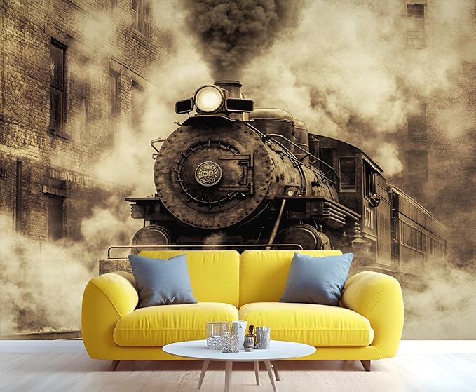Vintage Steam Train Wall Mural, Industrial Train Engine 3D Wall Murals, Retro Railway Steam Engine Wallpaper Mural, for Living Room Bedroom Large Wallpaper Indoor Decor 118" W x 82.6 "H