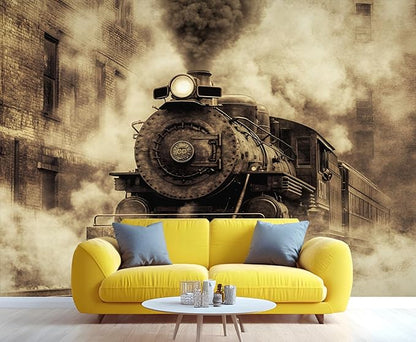 Vintage Steam Train Wall Mural, Industrial Train Engine 3D Wall Murals, Retro Railway Steam Engine Wallpaper Mural, for Living Room Bedroom Large Wallpaper Indoor Decor 169.3" W x118.2 H