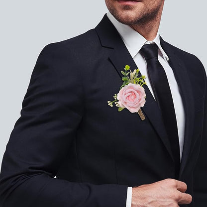 Ivory Rose Boutonniere for Men Wedding Set of 6 Groom Groomsmen Best Man Artificial Flowers Boutonniere for Wedding Ceremony Anniversary Prom Flowers Formal Dinner Party (6, Pink, Middle)