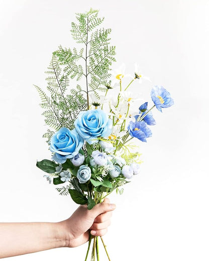 DuHouse 10pcs Fake Roses Artificial Silk Flowers Faux Rose Flower Long Stems Bouquet for Arrangement Wedding Centerpiece Party Home Kitchen Decor (Sky Blue)