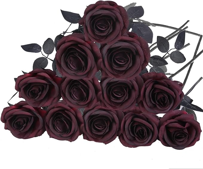 Felice Arts 12 Pack Burgundy Roses Artificial Flowers with Black Stems Silk Roses Fake Gothic Flowers Bouquet for Halloween Wedding Centerpiece Table Vase Home Indoor Kitchen Party DIY Vampire Decor