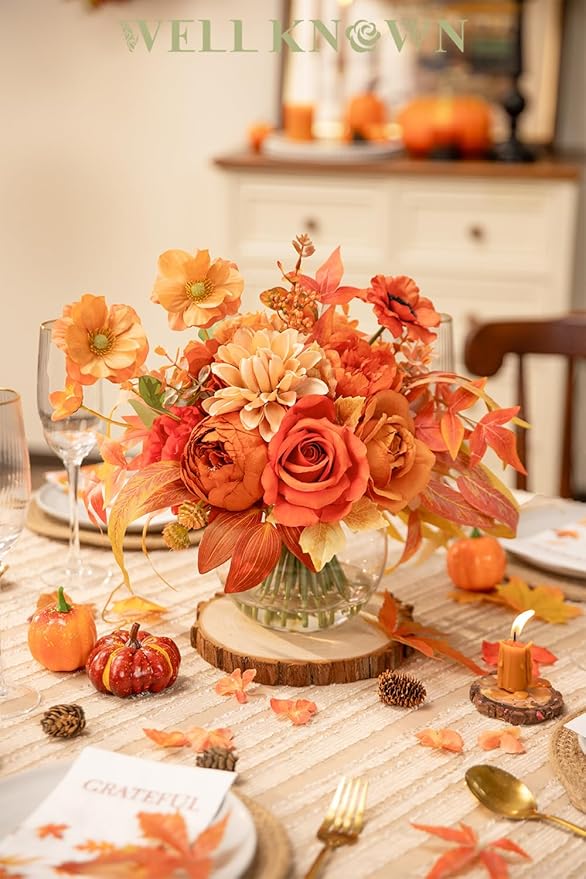 Artificial Flowers in Vase, Silk Rose Peony Dahlia Flower Bouquet Table Centerpieces with Faux Water for Winter Home Decor Fake Flowers Arrangement for Wedding Birthday Party Decor (Orange & Earth)