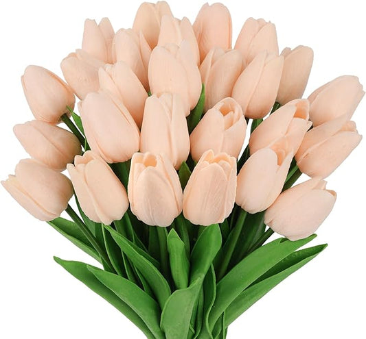 MACTING 30 PCS Artificial Tulip Flowers 13.7" Real Touch Fake PU Tulips Bouquet Faux Flowers for Floral Arrangements Table Centerpiece Kitchen Home Indoor Outdoor Summer Decorations (Light Pink)