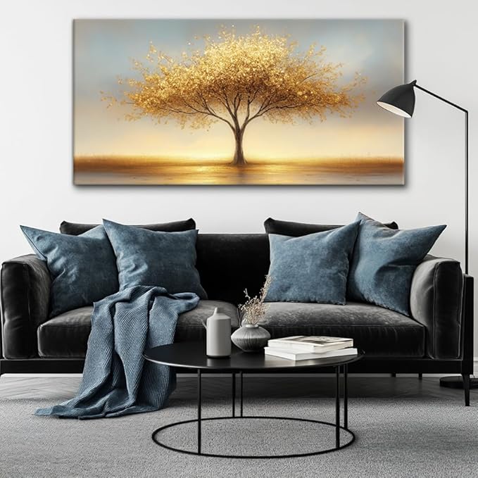 LAVIKARS Modern Tree of Life Wall Art for Living Room Office Golden Sunset Abstract Landscape Canvas Painting Prints Large Nature Artwork Home Kitchen Bedroom Decor (28x58 Inches)